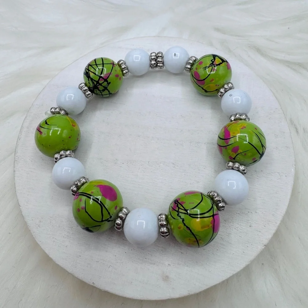 Lime Splash Statement Beaded Bracelet – White Accent Chunky Stretch Jewelry